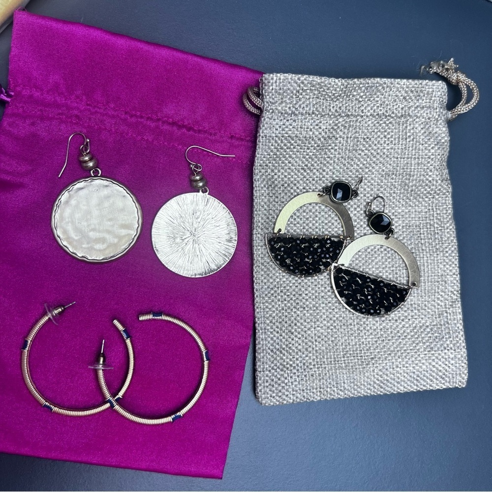 Gold Earrings 3 Pairs Hoops Drop Black Blue Accents - Picture 2 of 4